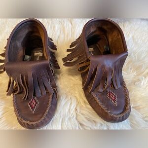 Fringed Leather Moccasins with Beaded Design